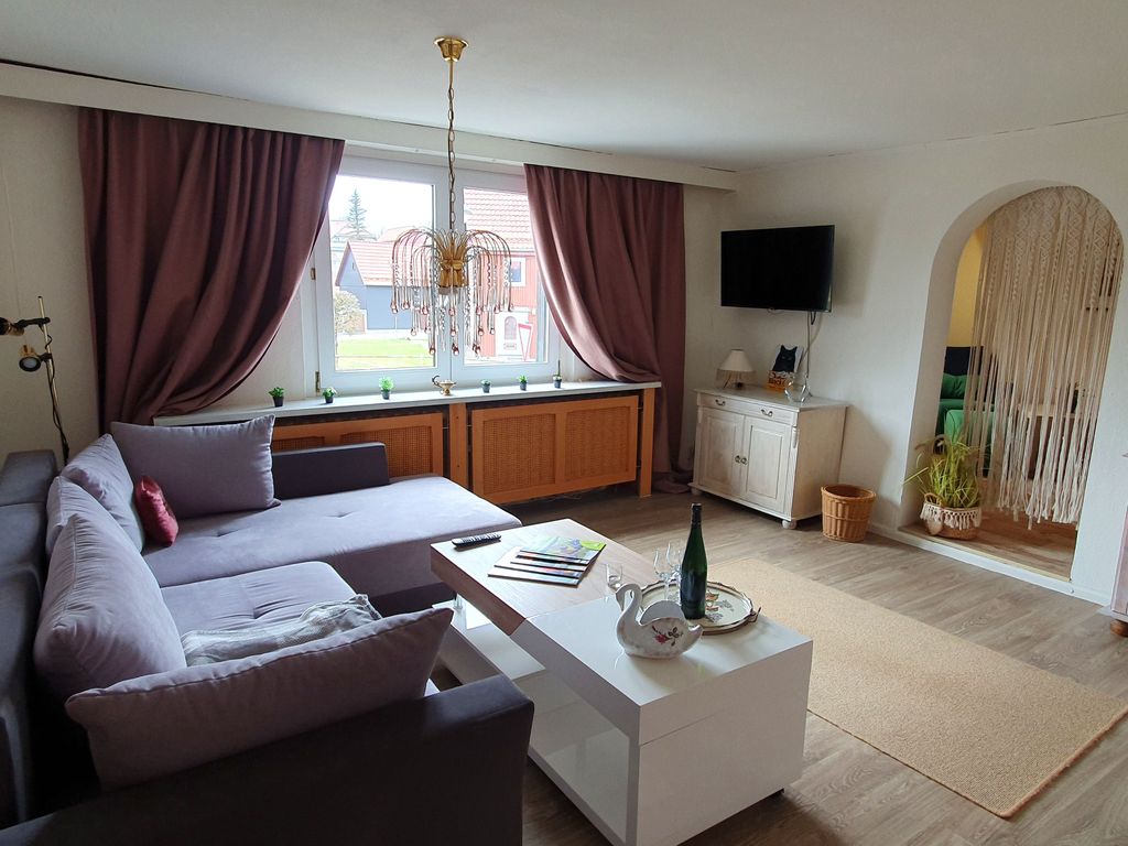 Ferienwohnung Harzliebe: Wohnzimmer mit Schlafcouch und Smart-TV