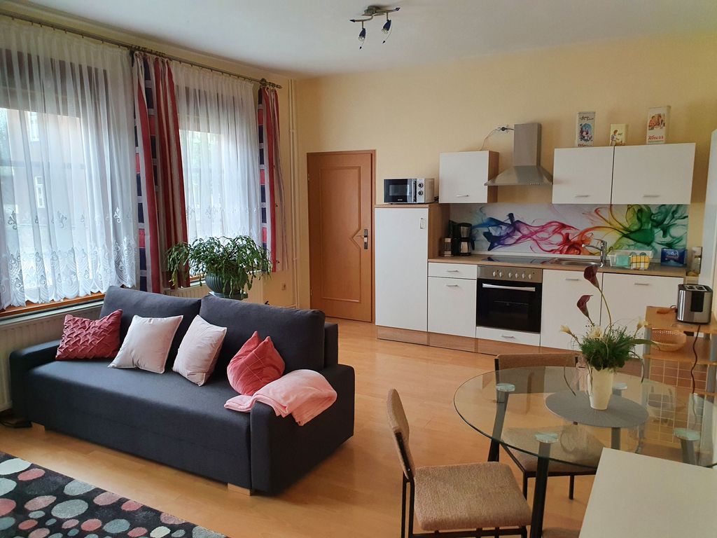 Großes Wohnzimmer mit Schlafcouch, offener Küche und Essecke