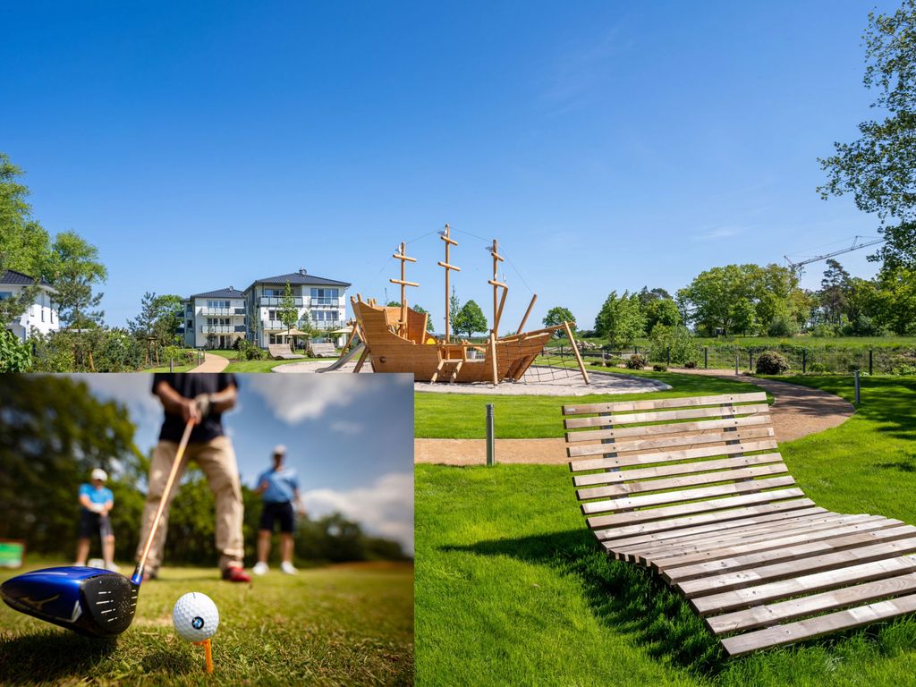 Blick zur Ferienwohnung und dem Spielbereich