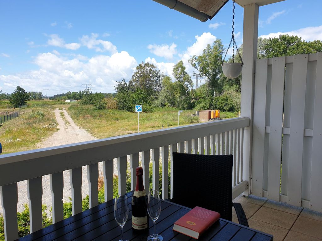 Blick vom Balkon auf die Peenewiesen