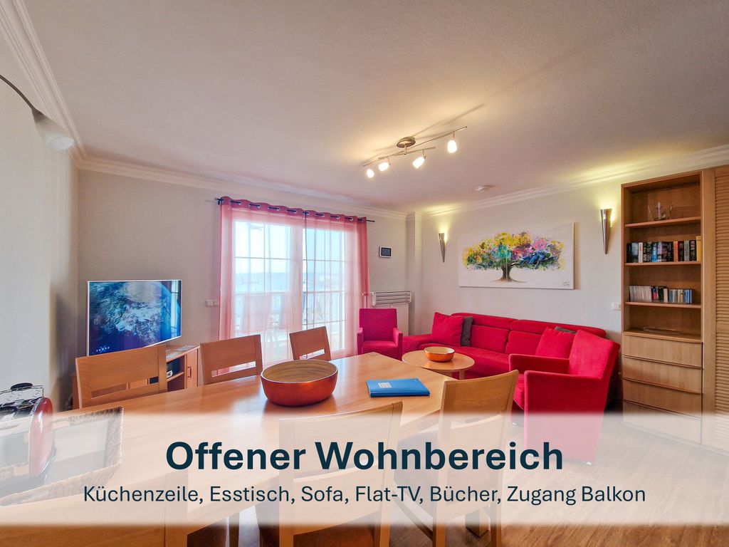 Offener Wohnbereich mit Küchenzeile, Sofa, Flat-TV etc.