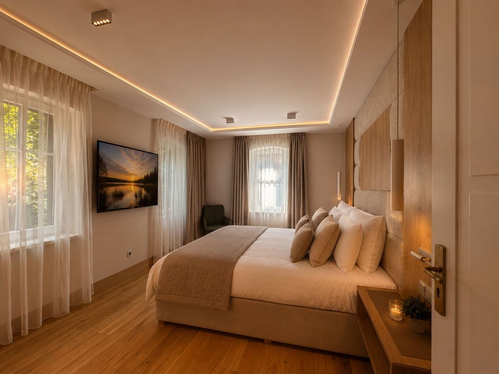 1. Schlafzimmer mit Bad en suite und Zugang zur Terrasse