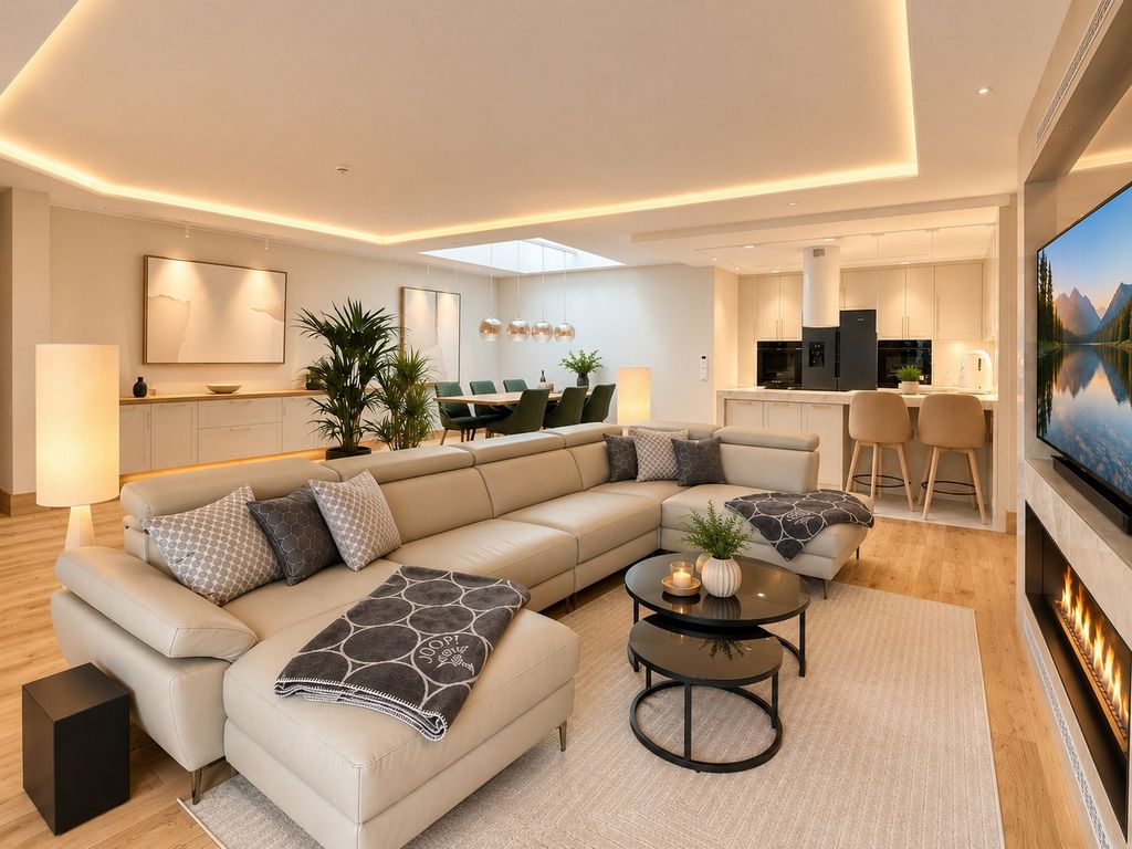 Stilvolles Wohnzimmer mit XXL Sofa, TV und Kamin