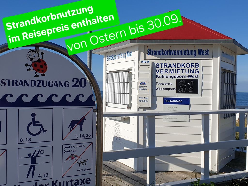 Die Strandkorbnutzung am Strandaufgang 20 ist von Ostern bis zum 30.09. im Reisepreis bereits enthalten (2026: 16 Euro Tagespreis)