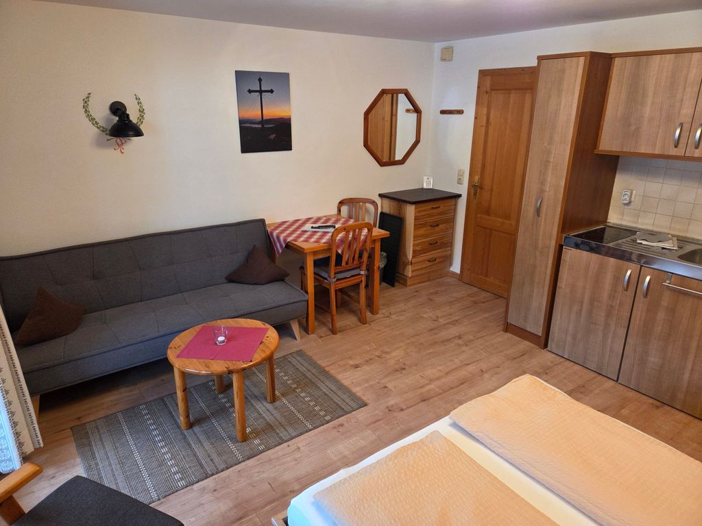 Der Wohnbereich mit Couch, Sitzgelegenheit & Kochnische