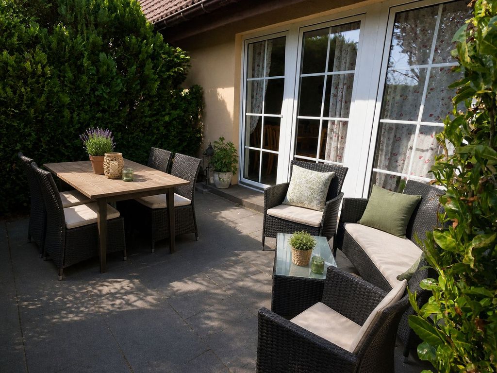 Terrasse vor dem Haus mit Gartenmöbeln