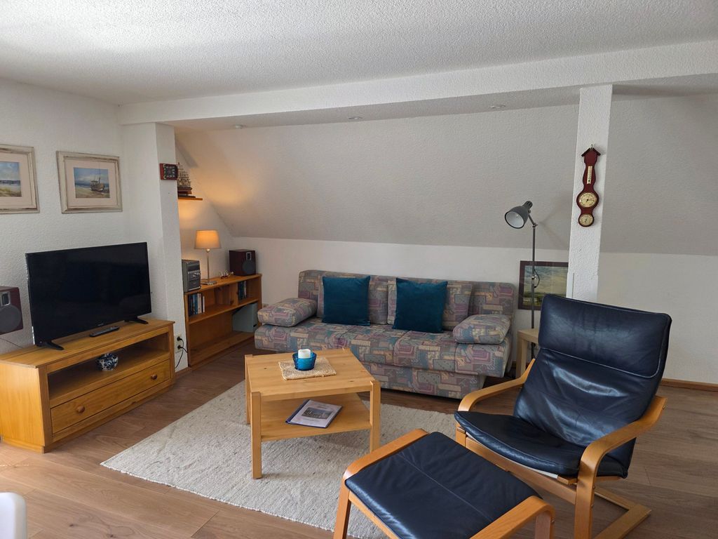 Wohnzimmer mit Schlafcouch, TV, Radio