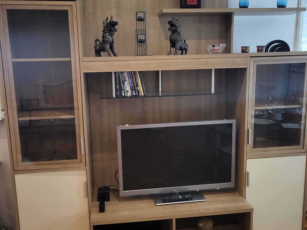 Wohnzimmerwand mit Smart-TV, SAT-TV und Alexa Sprachsteuerung